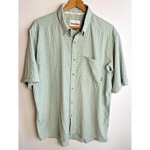 Men’s Simms  Short Sleeve Button Down Fishing Shirt Size L Green Plaid w/ Pocket